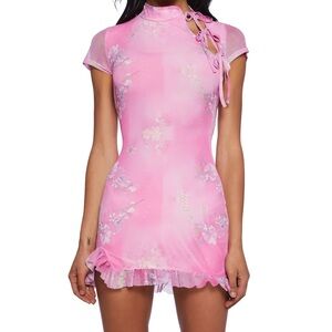 Qi pao floral mandarin collar mini pink ruffle trim dress sz large fits medium